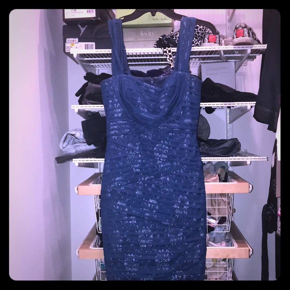 Blue mesh shiny lace underneath bodycon dress